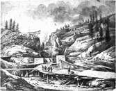 Utsikt af Trollhätte slussarbete. Förlaga av L Belanger 1798.