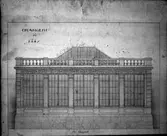 Akvarellerad tusch ritning. Orangerie på Nääs - fasad -.