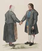 Kvinna och man. Akvarell av  C.W Swedman med text. (
