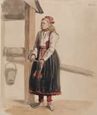 Ung kvinna i vardagsdräkt vid en brunn, Delsbo, 1840. Akvarell av  J.W. Wallander.