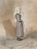 Kvinna i dräkt på kyrkogård, 1800-talets första hälft. Akvarell i storformat av Otto Wallgren