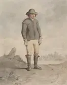 Bonde från Färs härad. Man i dräkt med sten i bakgrunden. Akvarellerad blyerstteckning i storformat av Otto Wallgren.