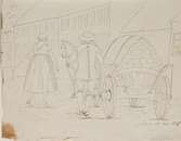 Lund 1826. Stadsbild med män och kvinnor. Baksida man och kvinna  med häst och  vagn fylld med tegel. Tuschteckningar av G.W Palm