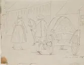 Lund 1826. Stadsbild med män och kvinnor. Baksida man och kvinna  med häst och  vagn fylld med tegel. Tuschteckningar av G.W Palm