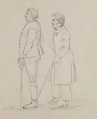 Lund 1826. Stadsbild, kvinnor o man till häst samt en gående kvinna bakifrån. Baksida två män med käppar . Tuschteckningar av G.W Palm