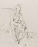 Blyertsteckning av  J. Kronberg. Sittande man i helfigur,med yxa  Orsa 24 juli 1867.