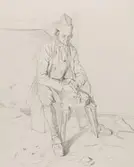 Blyertsteckning av  J. Kronberg. Sittande man i helfigur,med yxa  Orsa 24 juli 1867.