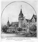 Teckningar. 1897 års allmänna konst- och industriutställning i Stockholm. Nordiska museets tillbyggnad, som uppföres efter ritningar af arkitekten Agi Lindegren. Teckning av Ferdinand Boberg.