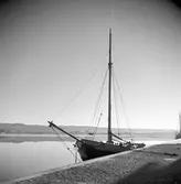 Jakten FRAMÅT, som under många år seglade med massaved till Munksjö, bland annat från Hästholmen, ligger förtöjd vid inre hamnens kaj i Munksjön, Jönköping.