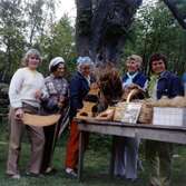 Linberedningskurs utanför Hembygdsgården Långåker 1:3, 1980-tal. Från vänster: Emy Johansson (Torrekulla), Dagmar Svensson (Vommedal), Sibyl Berzins (Kyrkbacken), Stina Svensson (Vommedal) och Helky Arndtsson (Heljered). Relaterade motiv: A2926 och A2927.