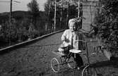 Karin Pettersson (född 1947, gift Hansson) står med sin trehjuling på grusgången utanför familjens bostad, Torrekulla 1:55 Gamlehagsvägen 17, år 1948. Hon var dotter till Bror och Rosa (född Krantz) Pettersson.
