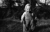 Karin Pettersson (född 1947, gift Hansson) står på gräsmattan utanför familjens bostad, Torrekulla 1:55 Gamlehagsvägen 17, år 1948. Hon var dotter till Bror och Rosa (född Krantz) Pettersson. Karin arbetade några år senare i Mölndals museums butik.