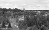 Solberga klockstapel i Jönköpings Stadspark avtecknar sig mot himlen. En spårvagn är på väg upp mot Bymarken.