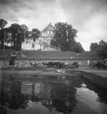 Visingsborgs slottsruin på Visingsö. I förgrunden vid gamla hamnen står remmalagen och väntar på att få guida besökare på ön, med häst och specialbyggd vagn.