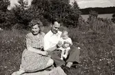Östen Krantz (1910 - 1990), hustrun Edit (1915 - 2008, född Törner) och dottern Stina sitter i backen vid Stretereds personalbostad på Tulebovägen, år 1946. Tulebosjön ses i bakgrunden.