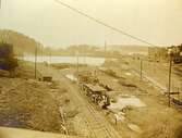 Borås nedre stations bangård åt sydväst med Bockasjön år 1918.