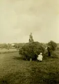 En kvinna, en man och ett litet barn lastar hö upp på en skrinda, 