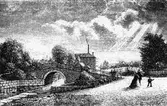 Illustration av Alingsås bomullsväveri, gamla fabriken, sett från Stora torget.