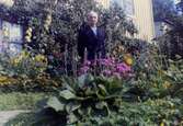 Olof Olsson (1883 - 1958) står i sin trädgård omgiven av blommor, 