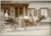 Västervåla sn, Fagersta kn, Ängelsberg.
Kusk på oxkärra framför herrgårdsbyggnad, c:a 1900.