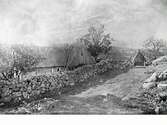 Lantgård med mangård och uthus med stengärdsgård längs vägen, troligen Abild enligt anteckning på baksidan av fotografiet.