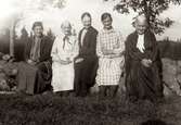 Fem kvinnor sitter på en stengärdesgård vid Livered 