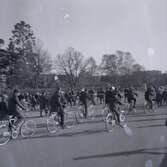 Finalen av militärövningen Ölandskriget. En militärparad och cyklister som cyklar i förgrunden.