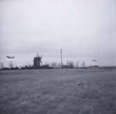 Bild från militärövningen Ölandskriget. Helikoptrar som flyger vid en kvarn.