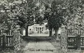Parti från Väckelsång. Vy genom en kort allé mot ett bostadshus med veranda, 1913.
Troligen Väckelsångs prästgård.
