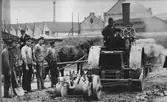 Gatuarbete med ångvält i början av 1900-talet. Mannen längst t.h. med helskägg och slokhatt hette Lundqvist och var arbetsinspektör vid Borås Stads byggnads kontor.