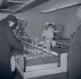 Bild tagen i samband med invigning av Konsum. Kvinnor som handlar kött samt personal i vita båtmössor och vita rockar.