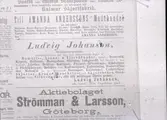 Annonser från en dagstidning, där bl.a. Amanda Johanssons Modehandel; Ludvig Johansson på Kaggensgatan samt Aktiebolaget Strömman & Larsson gör reklam för sina produkter.