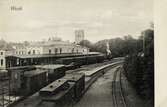 Järnvägsstationen med Norra Järnvägsgatan och domkyrkan, Växjö ca 1905.