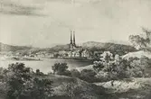 Växjö stad från sydöst, 1700-tal. Kopparstick.