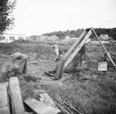 Två trädgårdsmästare skyfflar jord i en filtreringsanordning.