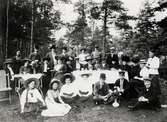 Ett sällskap i olika åldrar har slagit sig ner vid några kaffebord på Kvarnhagen, Växjö, 1910.