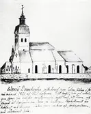 Växjö domkyrka från söder, efter teckning av N.J. Löfgren i juni 1821. 
Bakom kyrkan skymtar man Karolinerhuset, dåv. Växjö gymnasium.