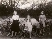 Ulla till höger på sin cykel vid muren. I mitten Bibbi samt till vänster en kusin.

Fotografi taget i september 1931 vid sommarbostaden Strandlyckan vid Landvettersjön, Slamby 1:4 i Landvetter socken. Huset övertogs senare av Stiftelsen Enandergården, Härlanda församling, på 1950-talet.
