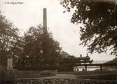 Järnvägsbron vid Linnéparken, med Elverket och Växjösjön i bakgrunden. Växjö, ca. 1912.