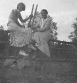 Beata Carlsson och Mandis Söderholm sittande på en gärdsgård i Kärrgruvan i Svartå, 1934