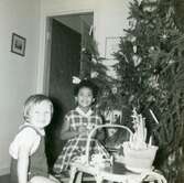 Julkalas i Villa Maribo år 1959. Från vänster: Manne Ekberg (född 1955) och Susanne Kullbring (född 1953) leker med varandra. Susanne och Manne var barndomskamrater och bodde grannar. Relaterat motiv: A2858.