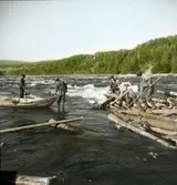 Vid Edsforsen. Män arbetar med timmer.