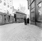 Stadsmiljö vinter, Härnösand. Till vänster tomt nr 5 och 15 mot Köpmangatan.