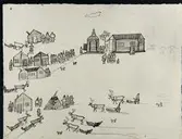 Skilda lappmarker. Teckning av Johan Turi.  L.A. 874 nr. 5. Människor i samisk folkdräkt samlas i bebyggelse med kyrka och andra hus. Några kommer i akkja dragen av ren.