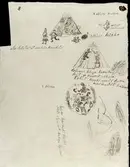 Skilda lappmarker. Teckning av Johan Turi.  L.A. 874 nr. 6. Människor och kåtor.