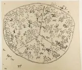 Skilda lappmarker. Teckning av Johan Turi.  L.A. 874 nr. 24. Renhjord, samer och hundar i en inhägnad.