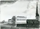 Västerås, Kyrkbacken, kv. Domkyrkan.
Teckning av Rudbeckianska skolan - Högre Allmänna Läroverket.