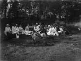 Stort sällskap som har picknick i skogsbacke. Ryd, Småland.