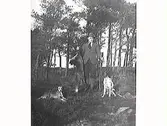 En jägare med hatt och bössa står i skogen med två hundar och håller upp en död räv. (Se även bild MR2_1597)