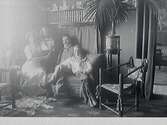 Interiörbild av familjen Hellborg som sitter på en soffa; makar med två barn. Intill står en tidstypisk 
